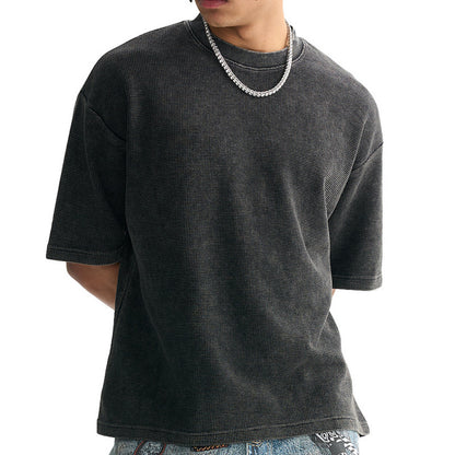 Waffle-Texture Washed Cropped Boxy T-Shirt